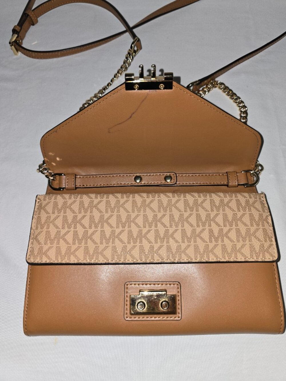 Michael Kors Sloan Medium Brown MK Logo And Leather Chain Link Crossbody Wallet - Picture 12 of 13